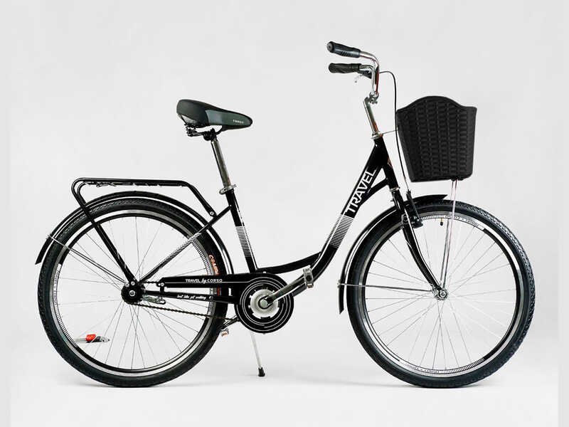 Велосипед міський Corso «TRAVEL» 26`` TR-6391 (1) колір чорний, одношвидкісний, сталева рама 16.5``, корзина, багажник