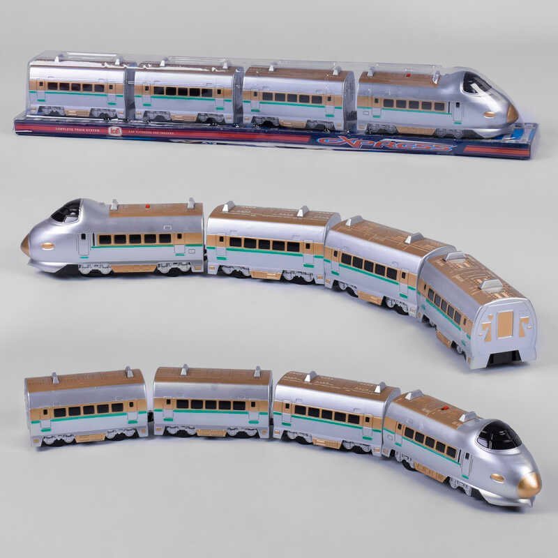 Поезд (757 Р) "Пассажирский экспресс", на батарейках, 3 вагона, подсветка, объезжает препятствия, в слюде
