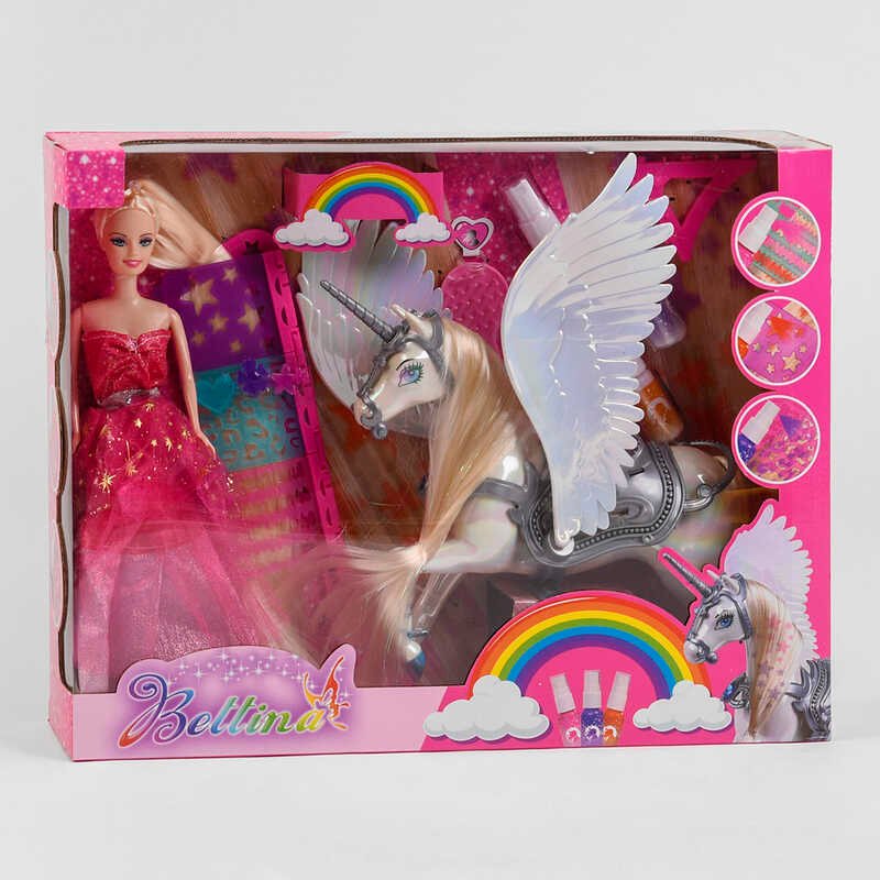Кукла с лошадью 68267 (24/2) пегас, трафарет, 3 краски для волос, аксессуары, в коробке