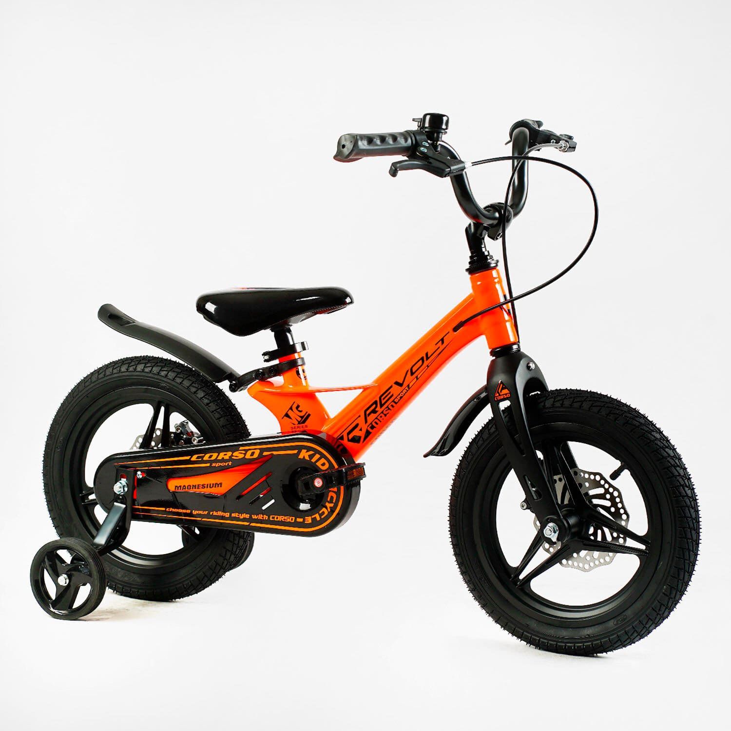Двухколесный детский велосипед 14" дюймов Corso REVOLT магниевая рама и литые диски (MG-14150) дисковые тормоза