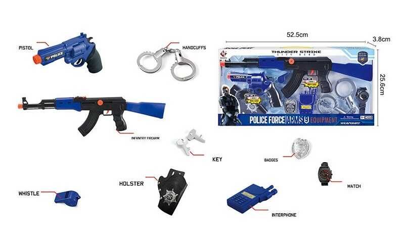 Детский Полицейский набор (P 016 A) 9 элементов, автомат с трещоткой, пистолет, кобура, наручники, свисток, аксессуары