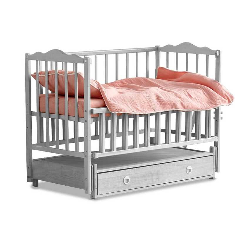 Ліжечко дитяче "Ангеліна" (1) шарнір-підшибник з відкидною боковиною+шухляда, бук (Сірий)