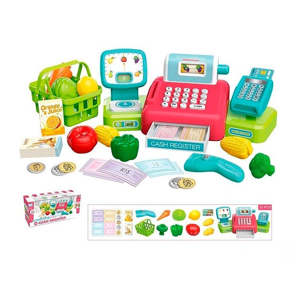 Детский кассовый аппарат (8352) звук, касса, сканер, продукты, корзинка, весы, терминал, в коробке