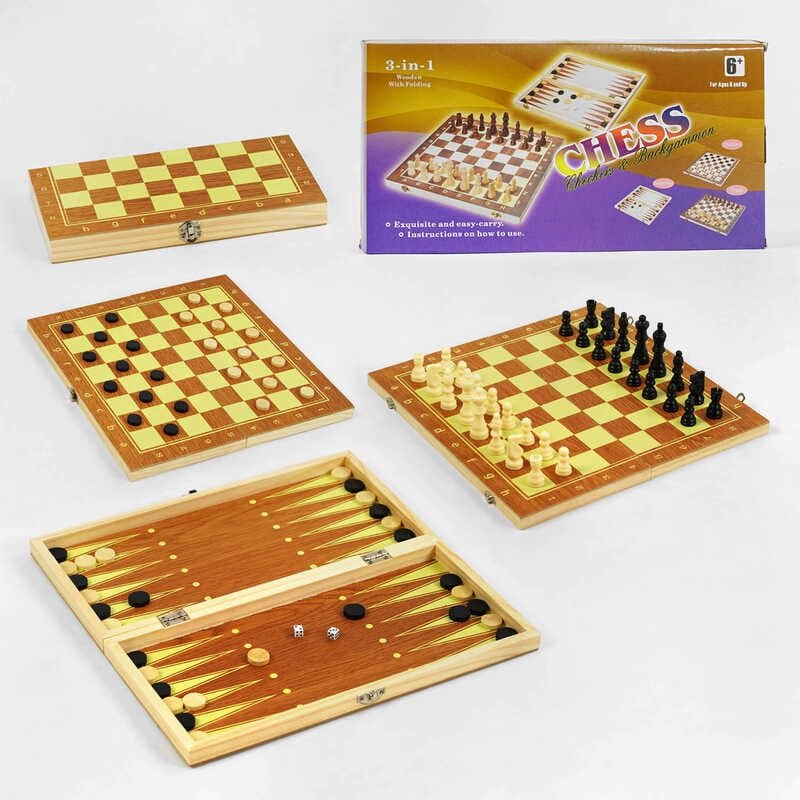 Шахматы C 45012 (48) 3в1, деревянная доска, деревянные шахматы, в коробке