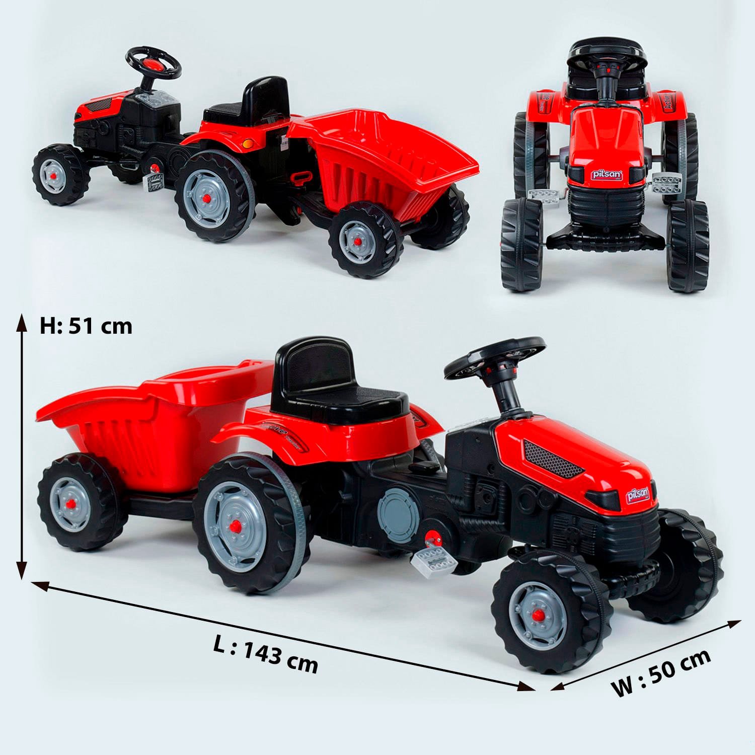 Трактор педальный с прицепом Pilsan (07-316) RED клаксон на руле, сидение регулируемое, задние колеса с резиновыми накладками