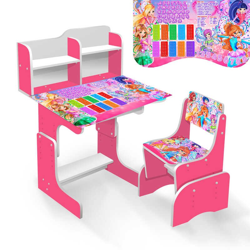 Парта шкільна "Феї Вінкс" ЛДСП ПШ 023 (1) 69 * 45 см, колір рожевий, + 1 стілець