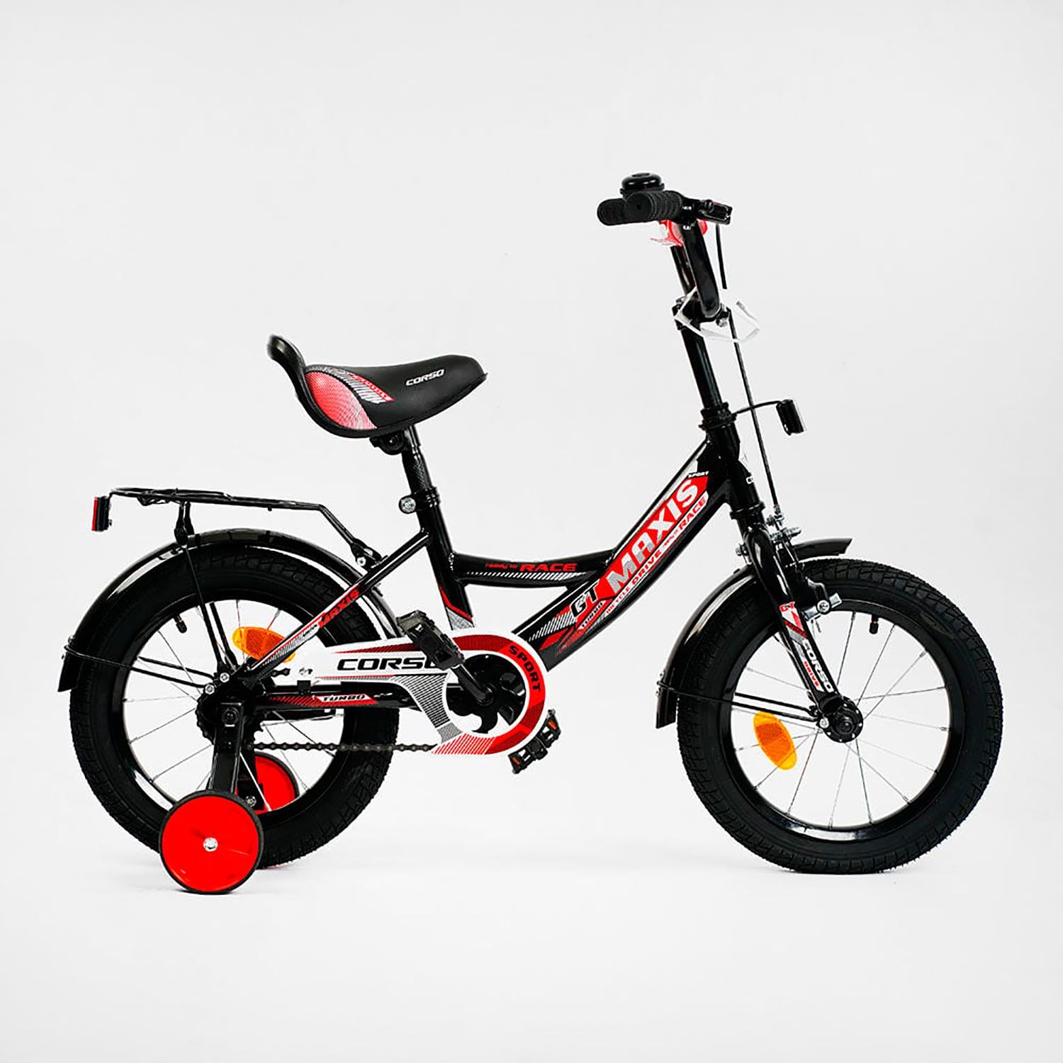 Велосипед двоколісний колеса 14" дюймів "CORSO" MAXIS (CL - 14613) ручне гальмо, дзвіночок, сидіння з ручкою, додаткові колеса, ЗІБРАНЕ НА 75, в коробці