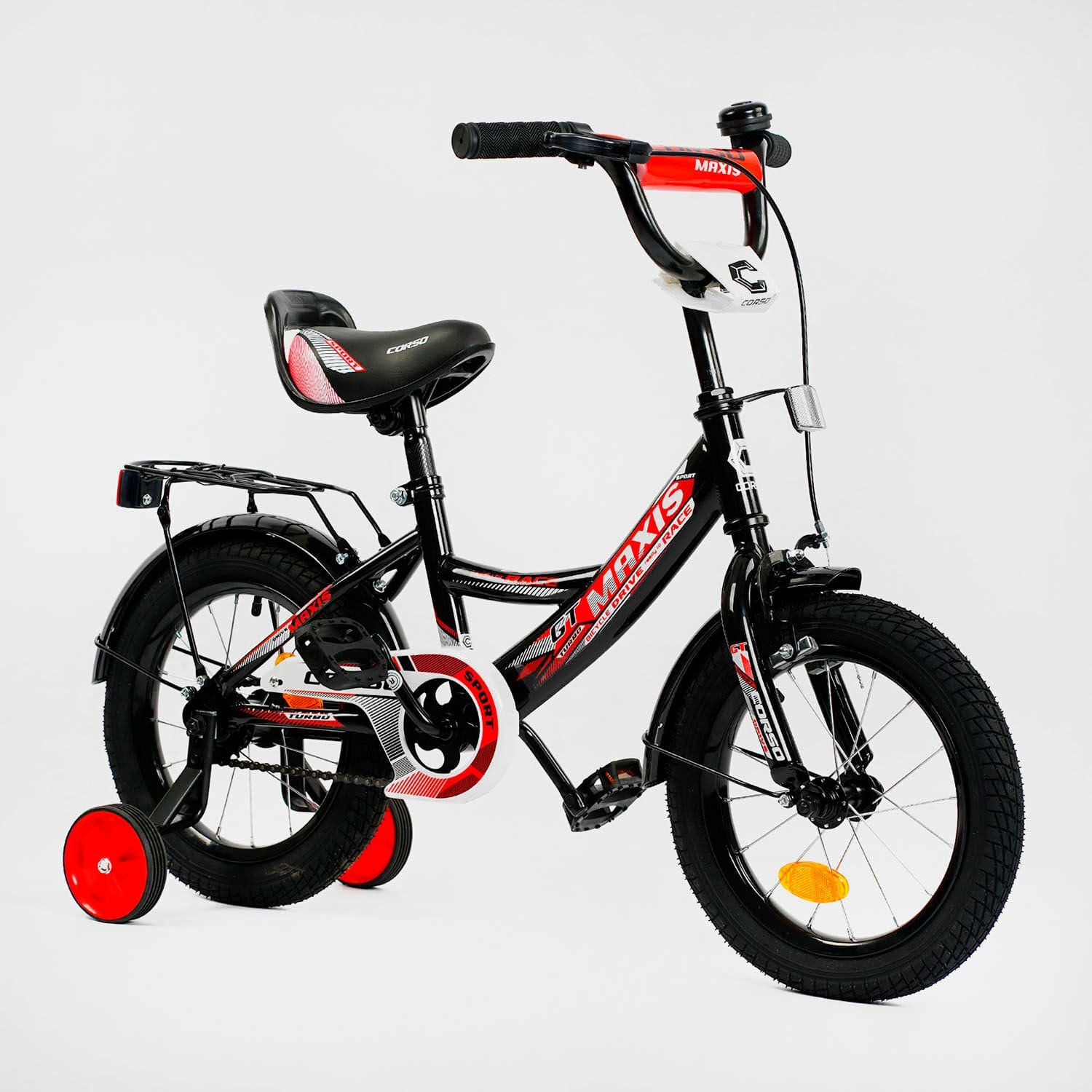 Велосипед двоколісний колеса 14" дюймів "CORSO" MAXIS (CL - 14613) ручне гальмо, дзвіночок, сидіння з ручкою, додаткові колеса, ЗІБРАНЕ НА 75, в коробці