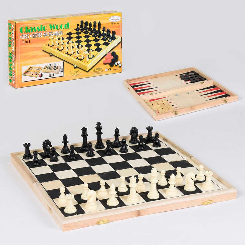 Шахи дерев'яні С 36816 (24) 3 в 1, дерев'яна дошка,дерев'яні шахи, в коробці